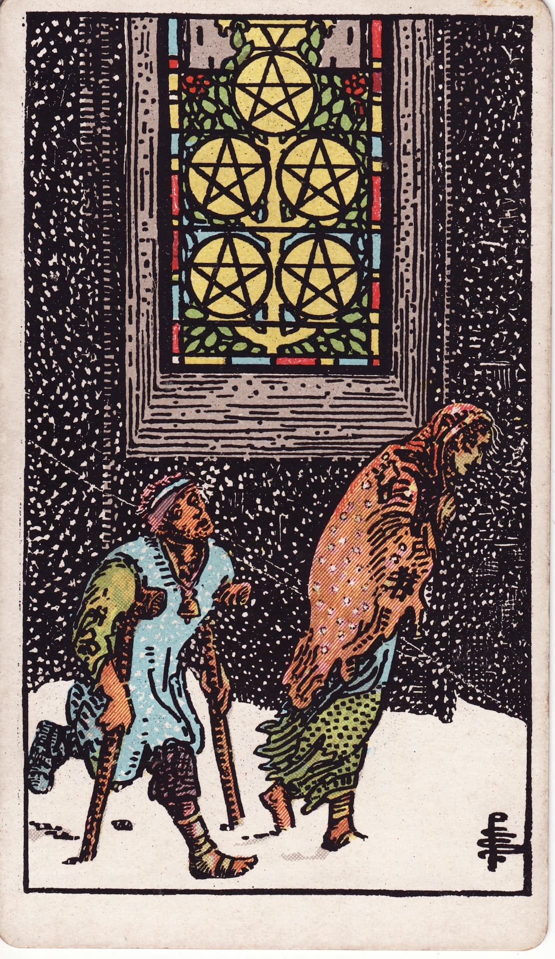Cinco de Oros — Arcano 5 del Tarot Rider-Waite