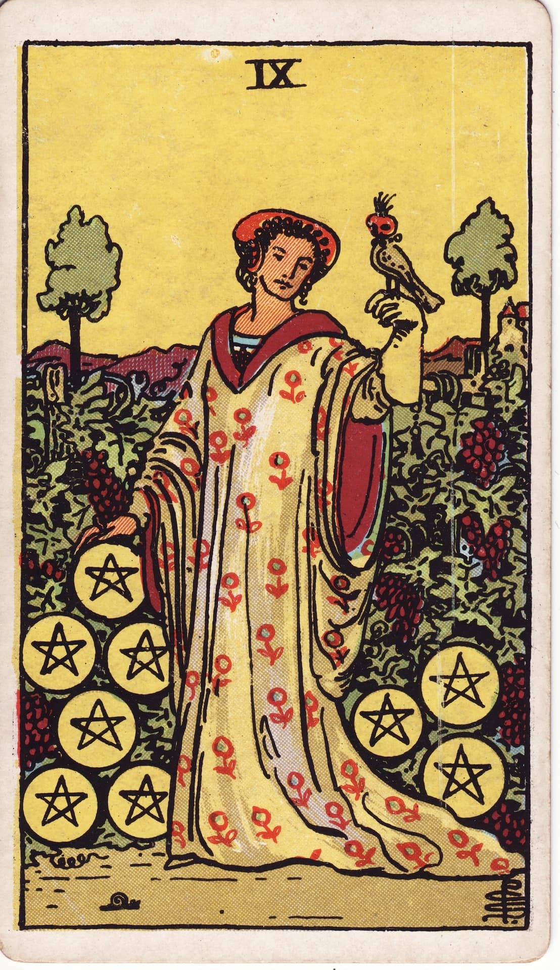 Nueve de Oros — Arcano 9 del Tarot Rider-Waite