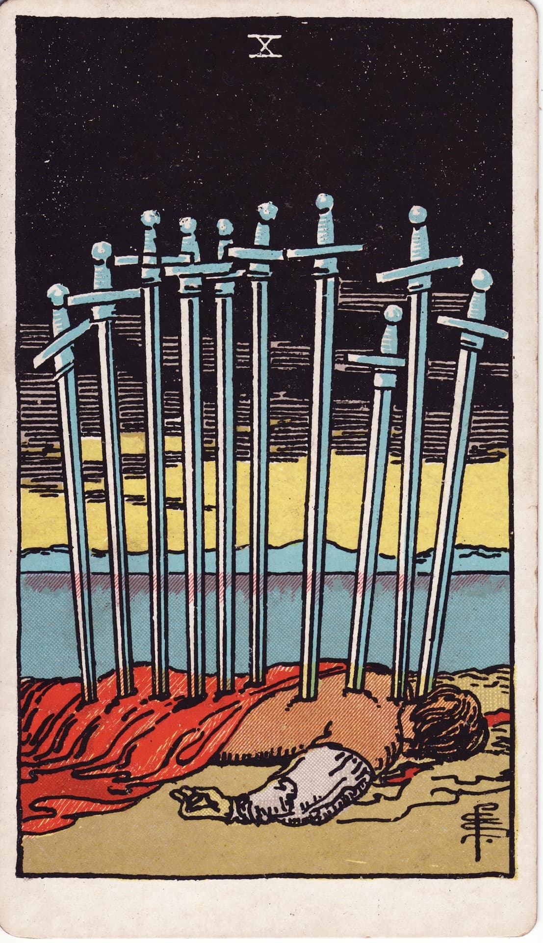 Diez de Espadas — Arcano 10 del Tarot Rider-Waite