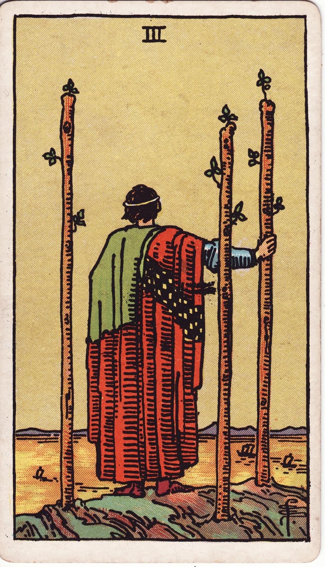 Tres de Bastos — Arcano 3 del Tarot Rider-Waite