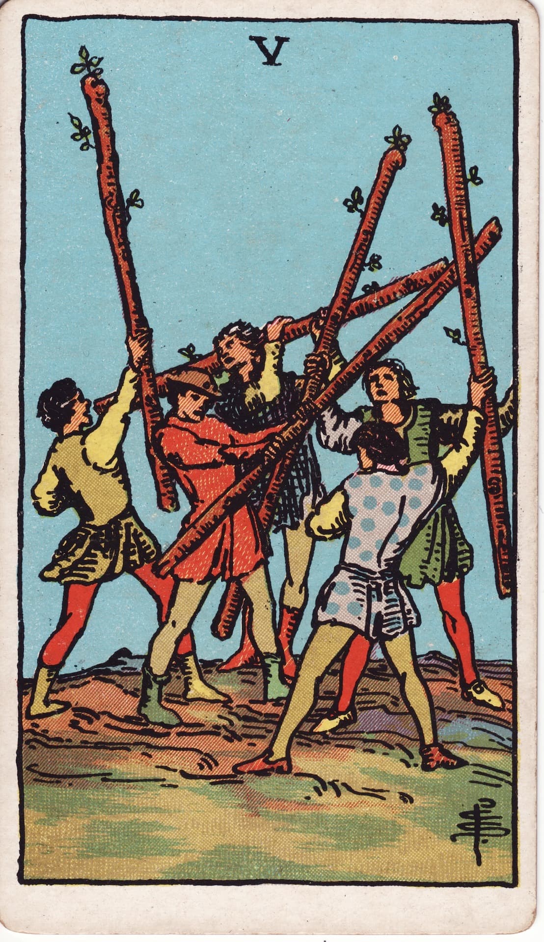 Cinco de Bastos — Arcano 5 del Tarot Rider-Waite
