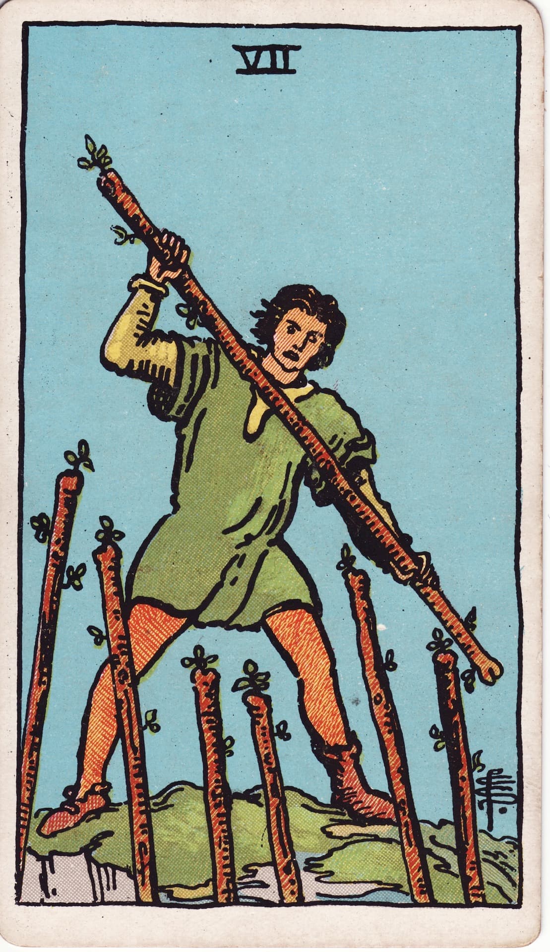 Siete de Bastos — Arcano 7 del Tarot Rider-Waite