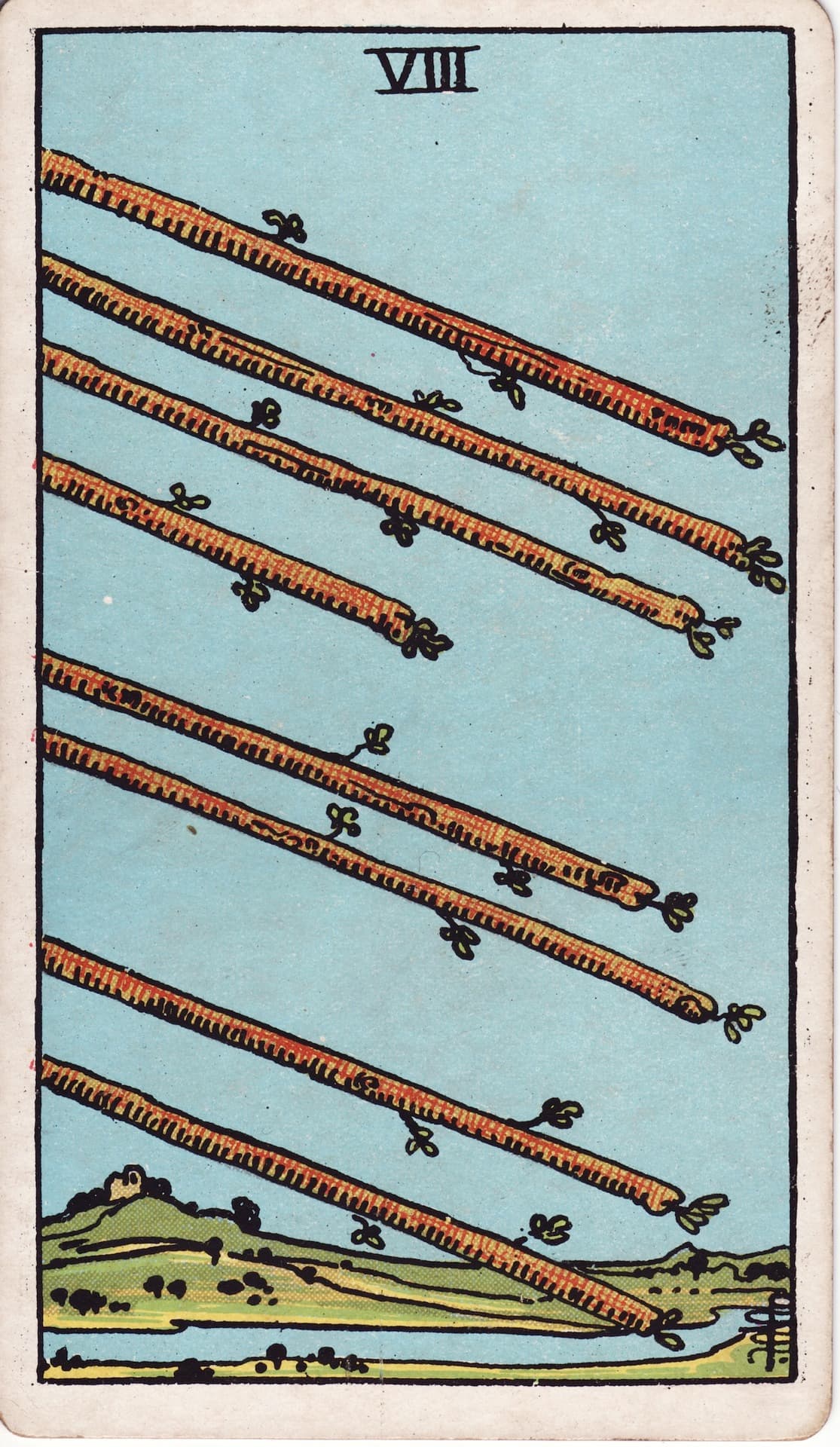 Ocho de Bastos — Arcano 8 del Tarot Rider-Waite