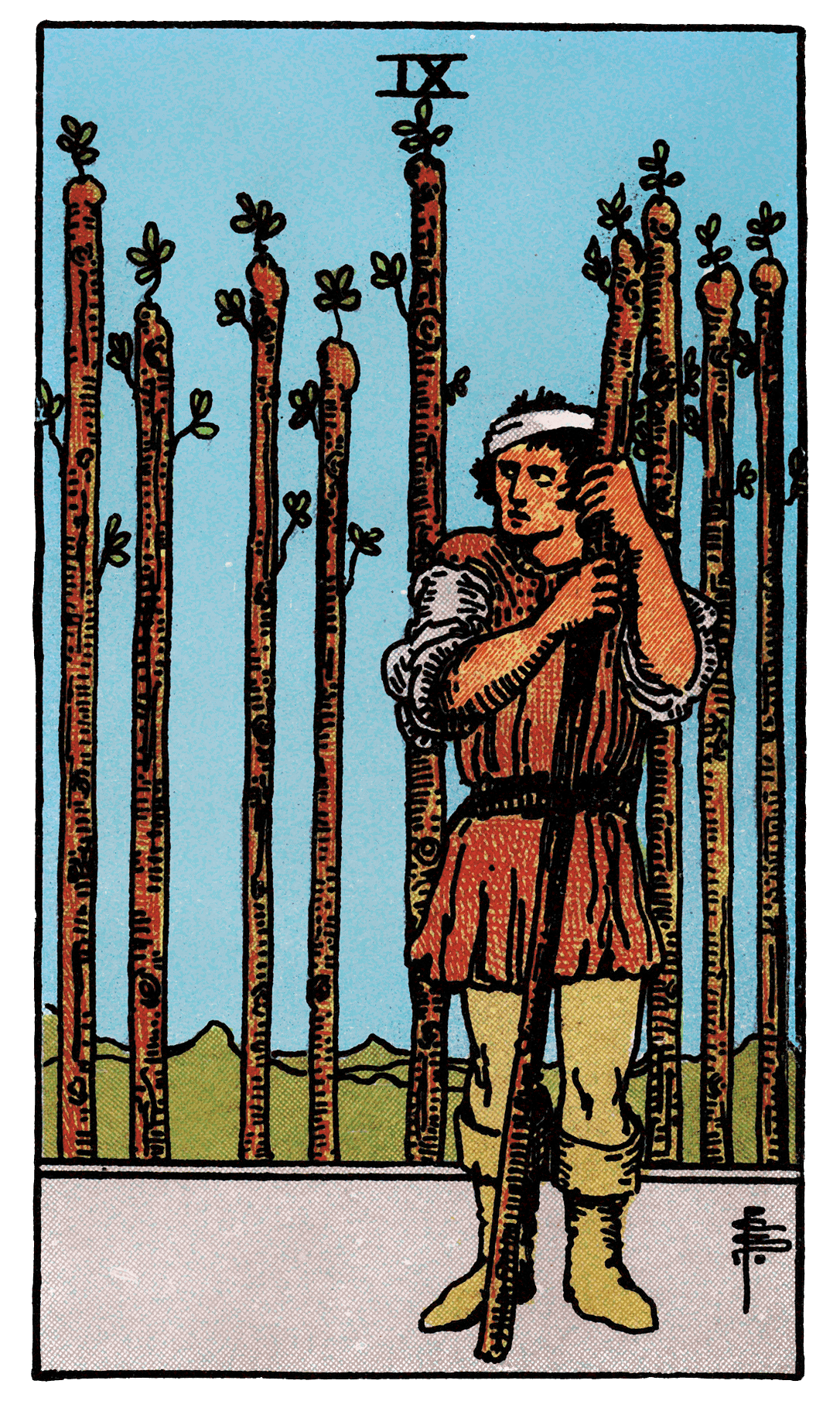 Nueve de Bastos — Arcano 9 del Tarot Rider-Waite