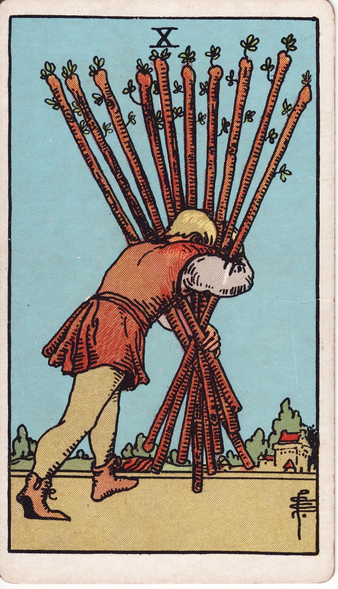 Diez de Bastos — Arcano 10 del Tarot Rider-Waite